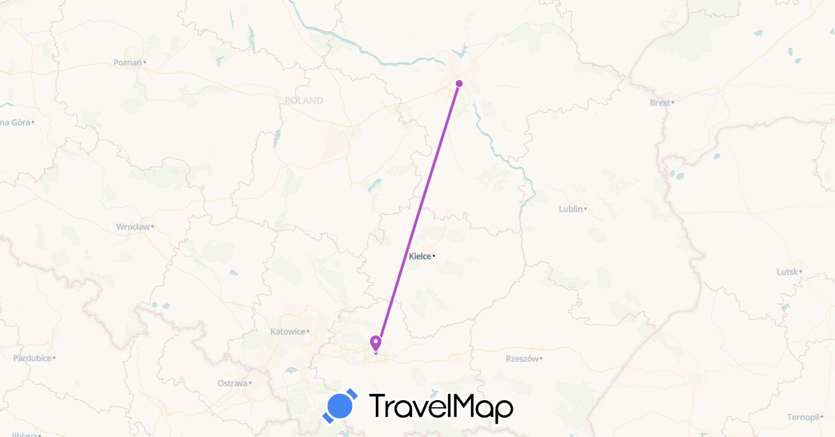 TravelMap itinerary: driving, train in Poland (Europe)